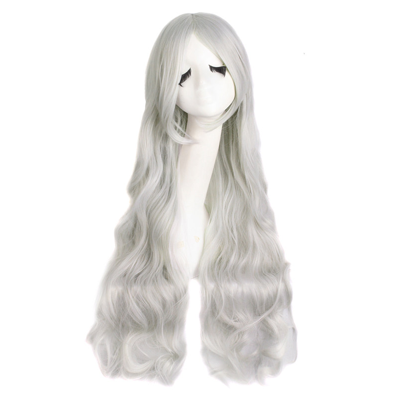 cos假发女长卷发齐斜刘海万用80cm浅灰色Lolita大波浪动漫全头套