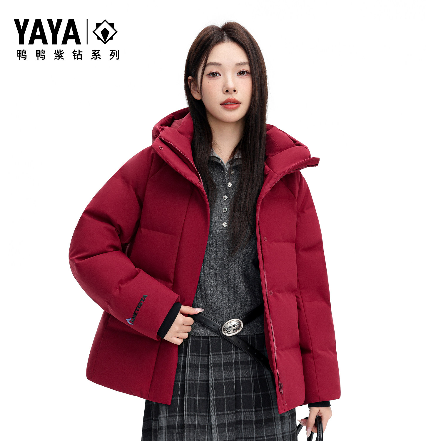 鸭鸭新年红色短款加厚羽绒服女2026冬季新款连帽试试百搭保暖外套