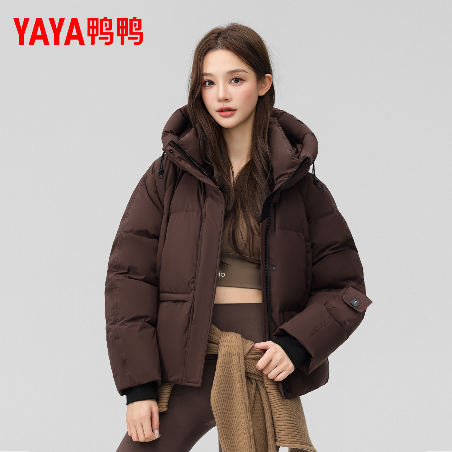 鸭鸭短款立领加厚羽绒服女连帽2025冬季新款直筒时尚泡芙保暖外套