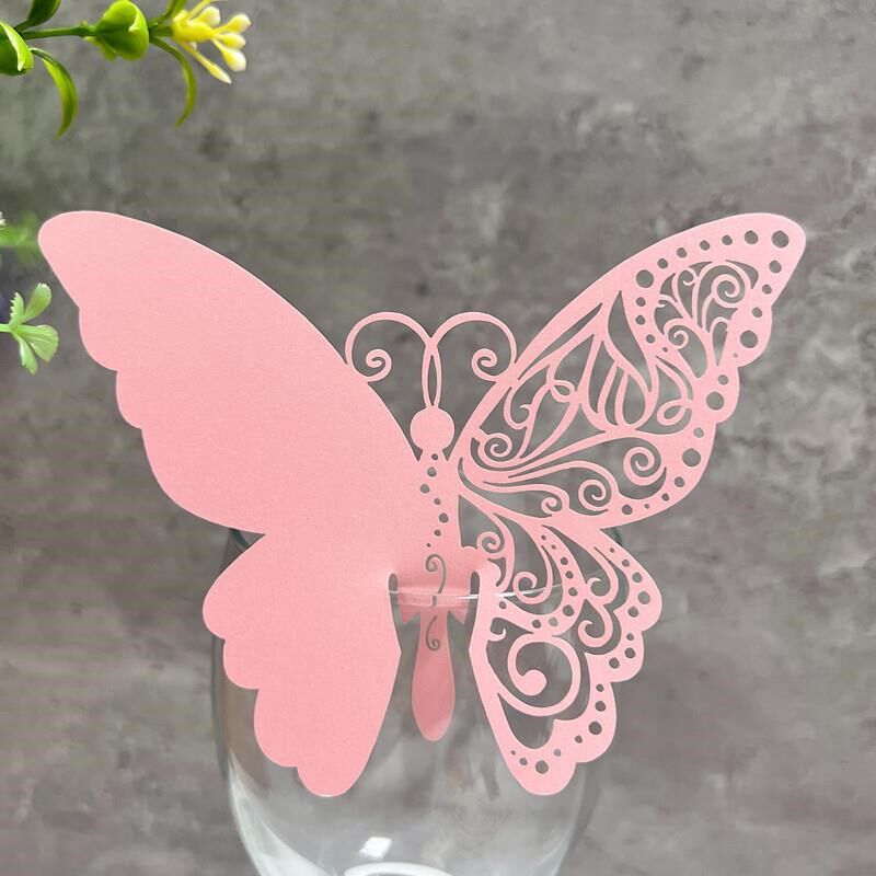 50枚新款纸蝴蝶酒杯插卡 欧式婚礼席位卡 个性定制结婚酒席座位卡