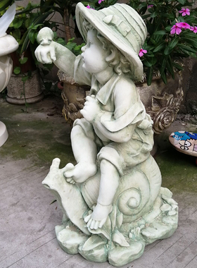 欧式别墅庭院田园工艺品雕塑浮雕女孩与鸭子男孩坐蜗牛雕像摆件