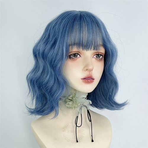 蓝色假发短卷发彩色女全头套蛋蛋卷头lolita二次元y2k日常羊毛卷