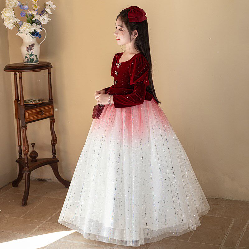 红色女童礼服秋冬新款高端生日公主裙小主持人钢琴演奏儿童演出服