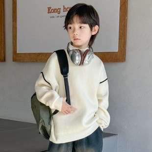 男童白色毛衣秋冬款2024新款中大儿童装男孩冬季半高领针织衫加厚