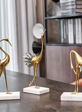 轻奢纯铜水晶石仙鹤摆件 新中式欧式家居客厅玄关电视柜酒柜装饰