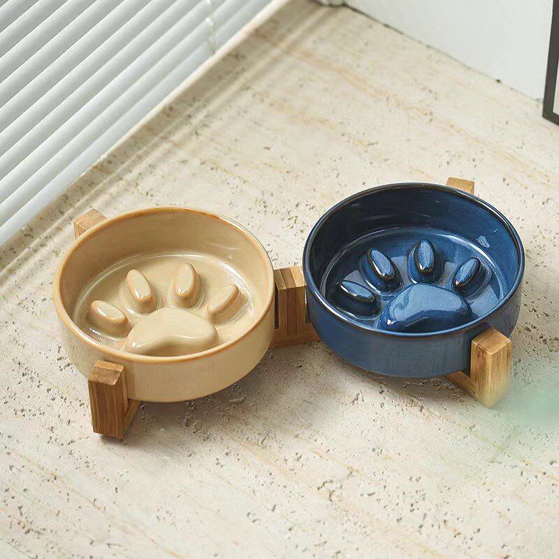 宠物慢食碗小型犬缓食碗防噎猫咪食盆木架防打翻预防黑下巴陶瓷碗