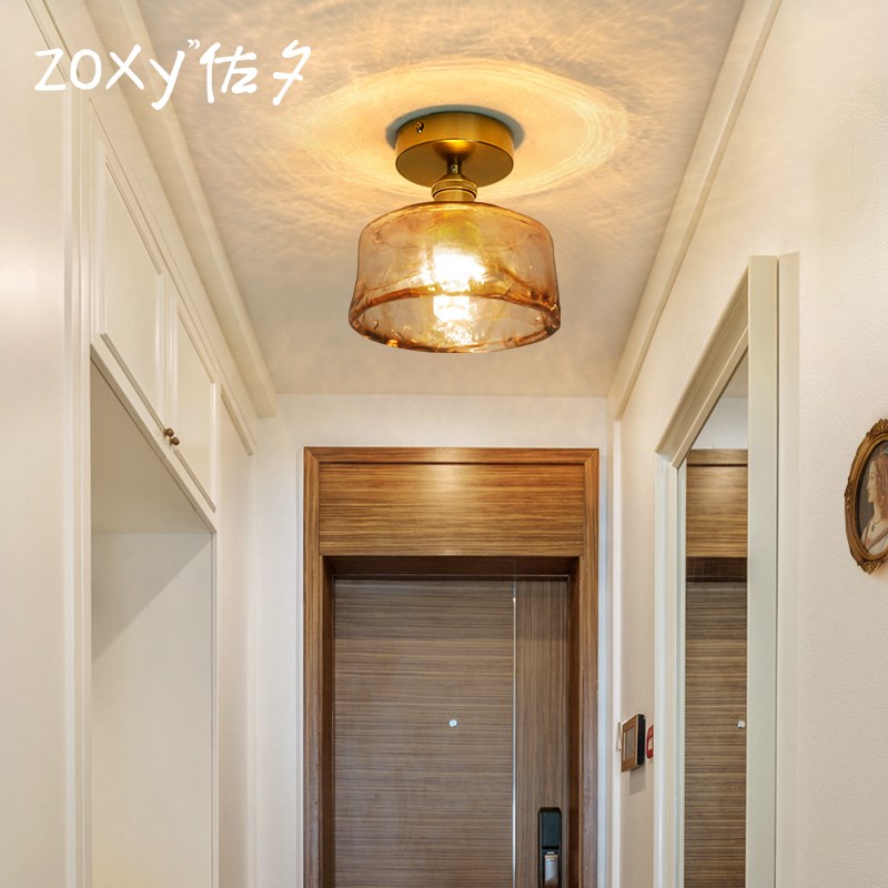 zoxy佐夕 黄铜过道吸顶灯复古琥珀色玻璃入户门厅灯走廊阳台灯具