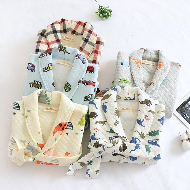 儿童春秋加厚纯棉空气层睡衣男童三层夹棉睡袍全棉浴袍宝宝家居袍