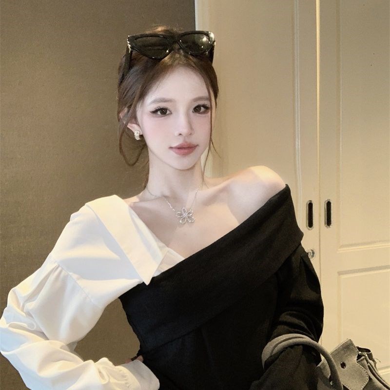 法式气质露肩气质假两件V领衬衫女长袖早春新款拼接洋气上衣时尚