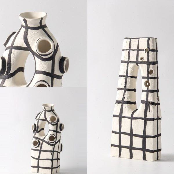 现简约方格多孔陶瓷花器居家样板房民宿装饰品花插花桌面摆件,特色手工艺,青花瓷,淘宝优惠券,粉丝福利购,淘宝优惠卷