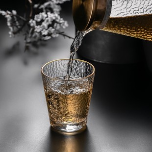 日式 锤纹金边玻璃杯家用喝水杯子客厅套装 耐热玻璃泡茶杯水壶套装