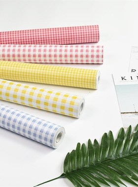 大学生宿舍自粘墙纸粉色黄色格子pvc防水自贴壁纸寝室卧室贴纸