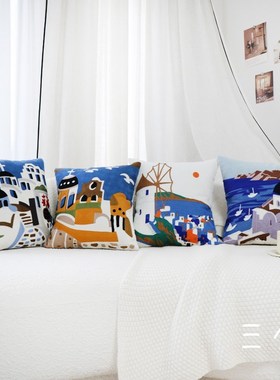 新款希腊地中海绣花抱枕套蓝色沙发抱枕儿童房飘窗靠垫全棉靠枕套