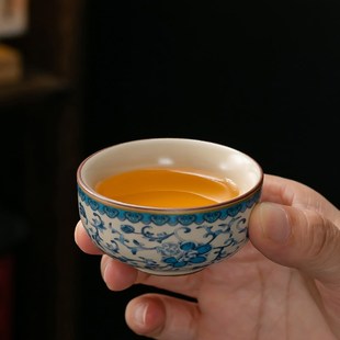 家用青花缠枝莲提梁壶盖碗功夫茶盘会客泡茶中式 米色汝窑茶具套装