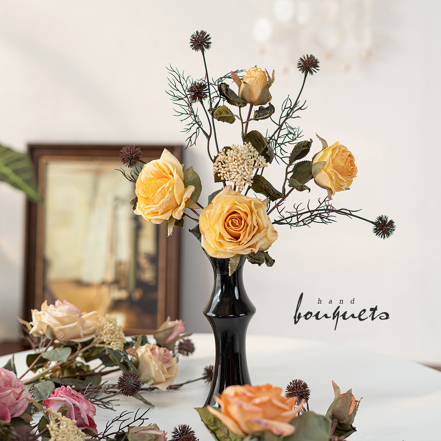 高端复古油画玫瑰花束仿真花装饰摆件客厅餐桌桌面花艺假花摆设花