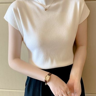 黑色短袖针织女2025今年流行新款夏装无袖半高领短款冰丝T恤上衣