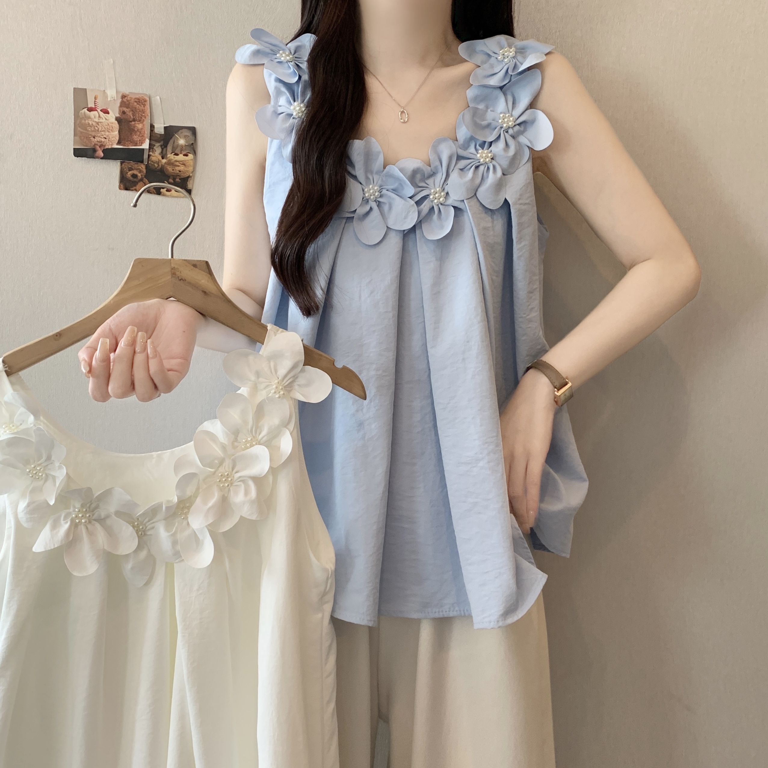 实拍 大码女装夏季度假风立体花朵无袖背心气质甜美宽松显瘦衬衫