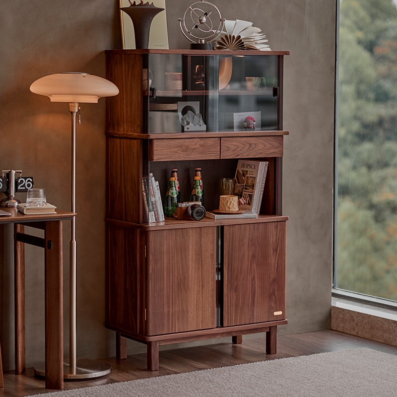 实木沙发边柜茶具柜展示柜黑胡桃茶水柜餐边柜储物柜抽屉柜书柜