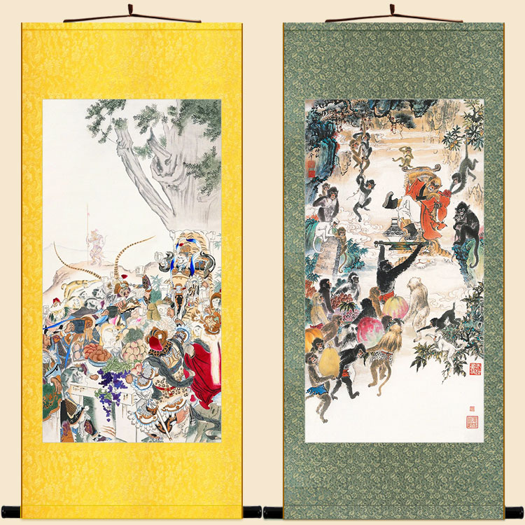 猴王庆寿图 花果山孙悟空齐天大圣画像卷轴挂画 书房装饰画丝绸画