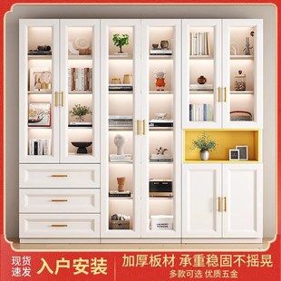 书柜实木生态板轻奢玻璃门落地简约现代家用防尘靠墙一体办公书架