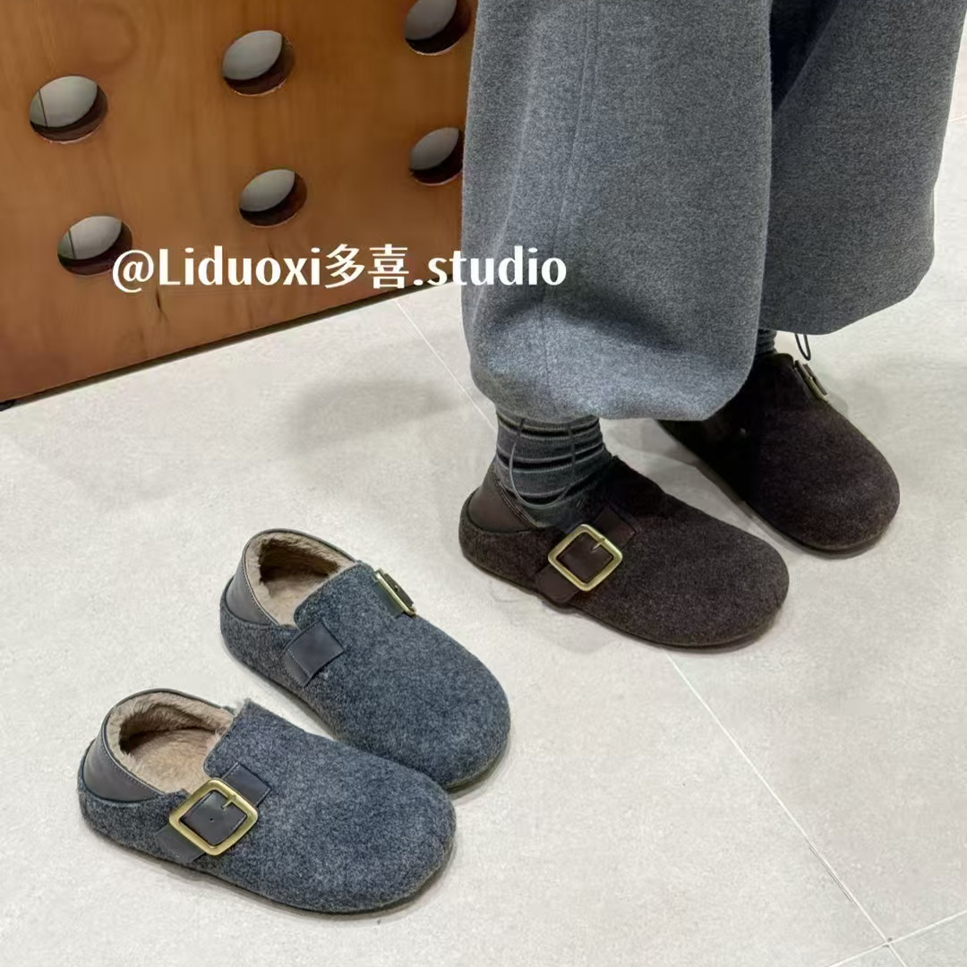 加绒勃肯鞋女毛绒懒人鞋一脚蹬百搭舒适棉鞋