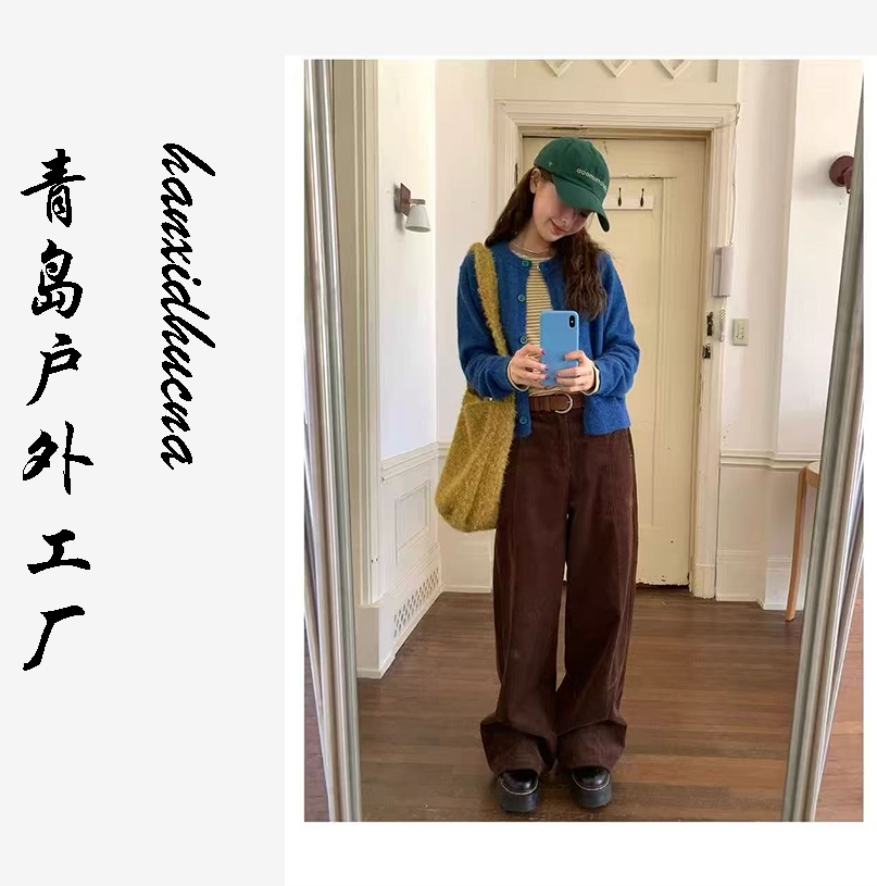 复古风高腰阔腿裤女咖啡色宽松直筒长裤休闲裤