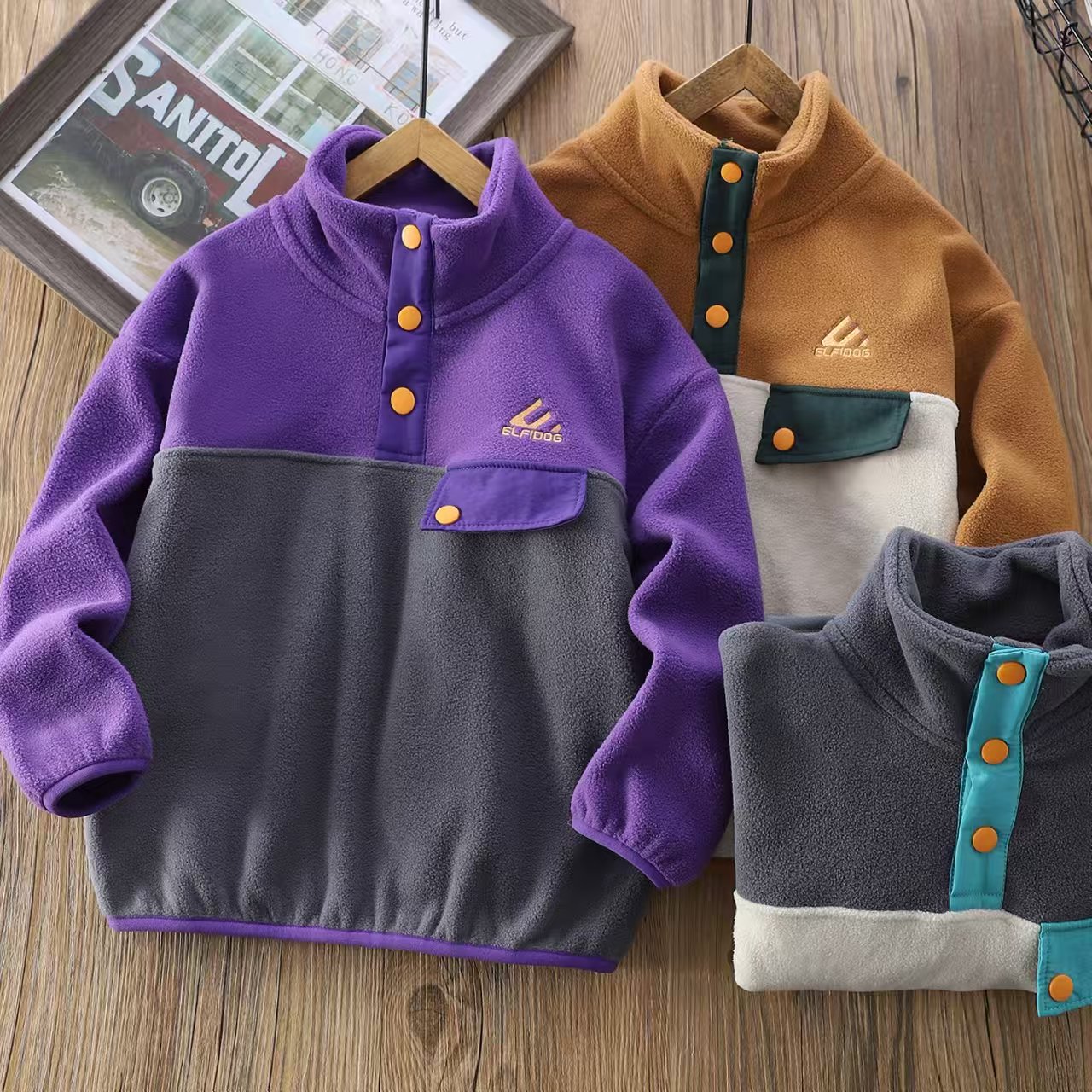 男女童加绒卫衣高领撞色拼接摇粒绒秋冬加厚儿童外套