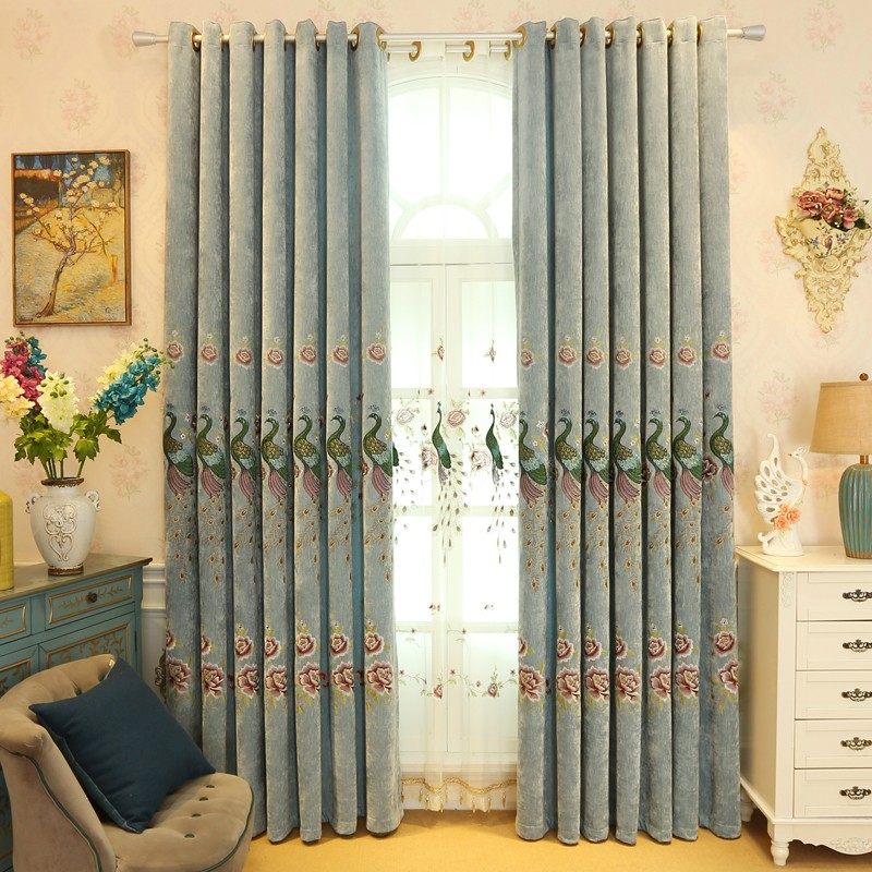 雪尼尔羊绒绣花遮光窗帘成品定制奢华飘窗孔雀布帘卧室客厅落地窗