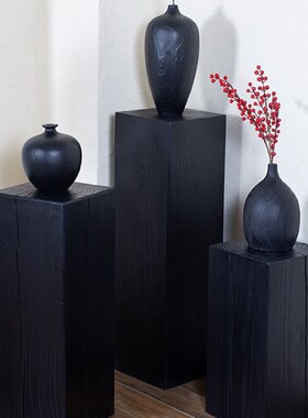 黑色实木边几原木立柱复古方形花架花几客厅简约民宿设计师侘寂风