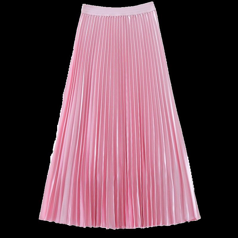 半身裙女装复古春秋新款 粉色缎面过膝中长款高腰a字风琴裙百褶裙