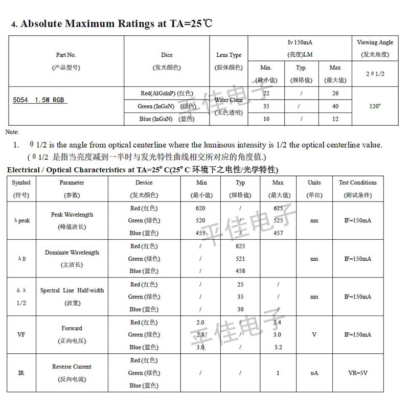 5050/5054七彩RGB发光二极管1.5W大功率贴片LED灯珠红绿蓝三基色