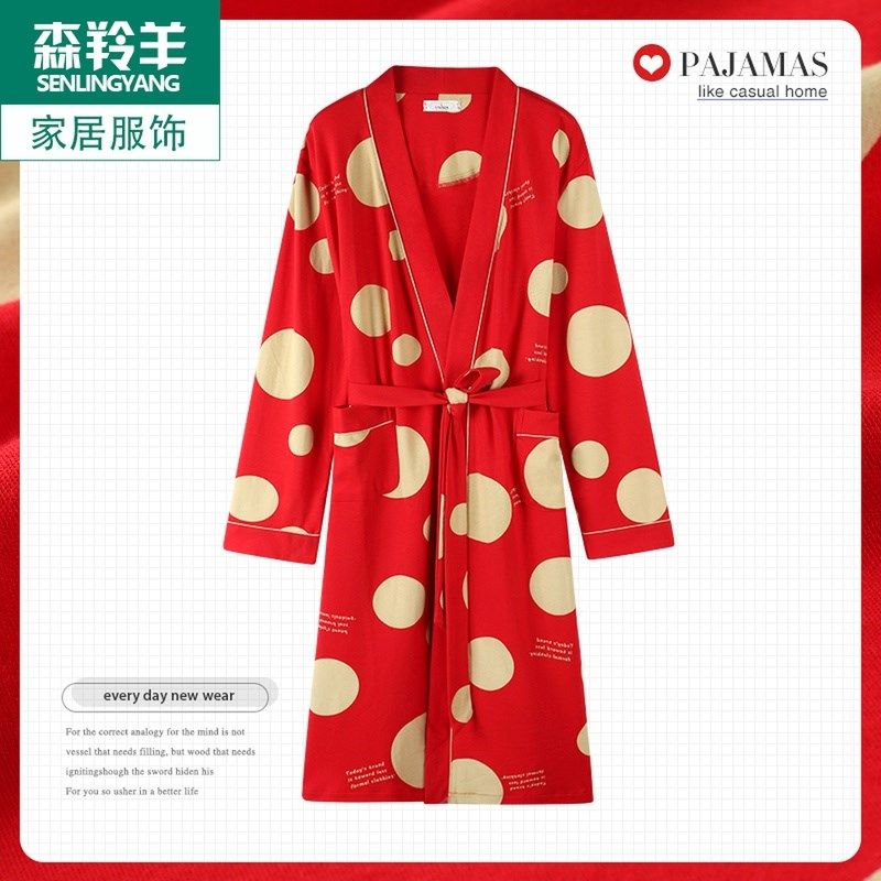 男士中年纯棉长袖睡袍本命年大红色睡衣春秋季男款全棉中长款浴袍