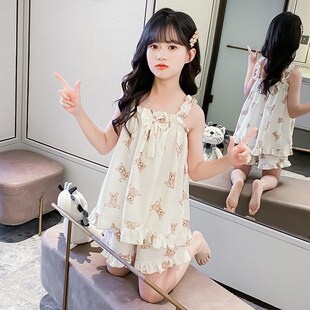 套装 女童睡衣2024新款 儿童吊带睡裙短裤 薄款 小女孩可爱居家裙 夏季