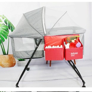 挂钩式挂袋适合闭合式婴儿床摇篮 双格立体挂袋 尿布袋 床头收纳