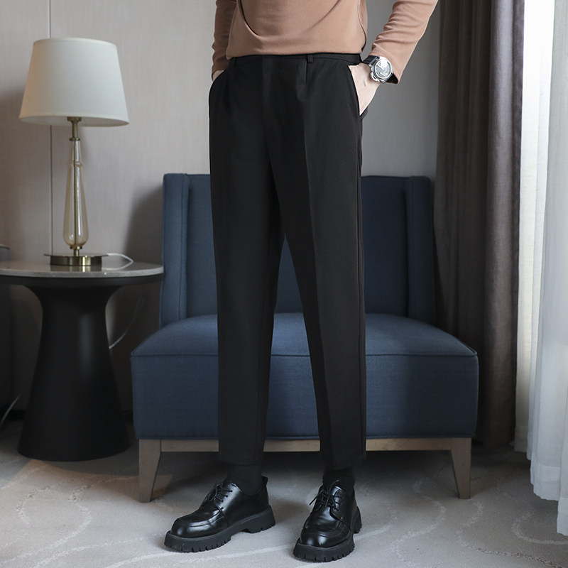 秋冬毛呢休闲裤加厚直筒长裤男士修身九分西裤轻熟风中高腰西装裤