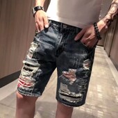 薄款 青年半截裤 乞丐牛仔短裤 修身 夏季 中裤 男破洞五分裤 直筒5分裤