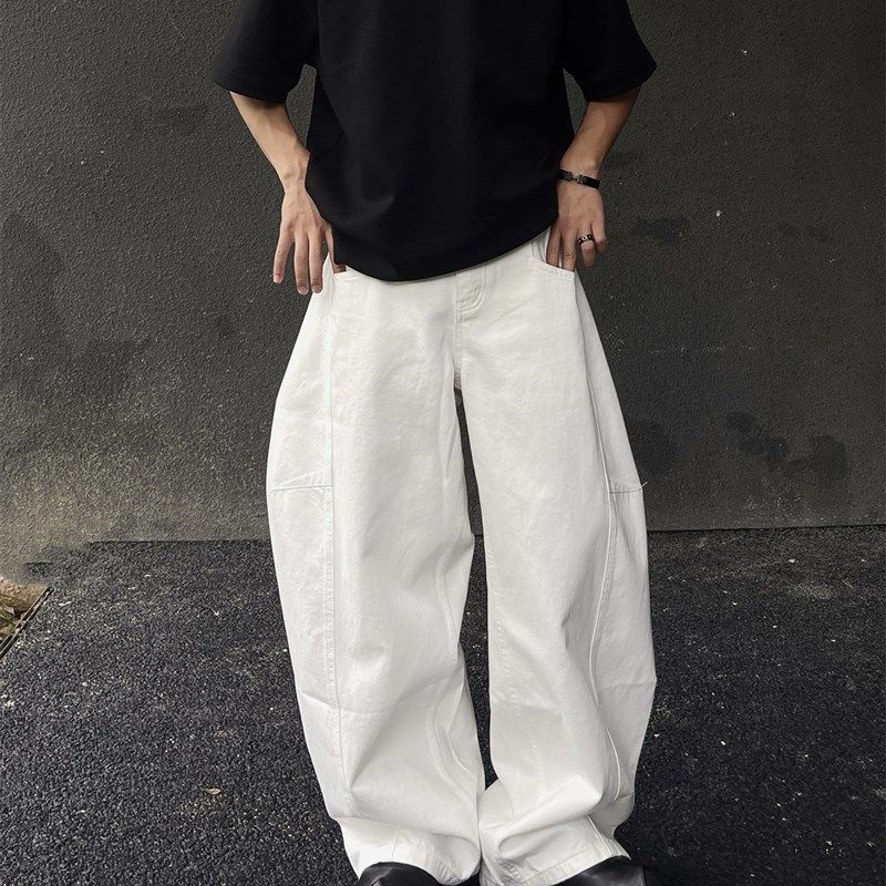 ACStor夏小众高级弯刀廓形白色直筒阔腿香蕉长裤美式休闲牛仔裤男