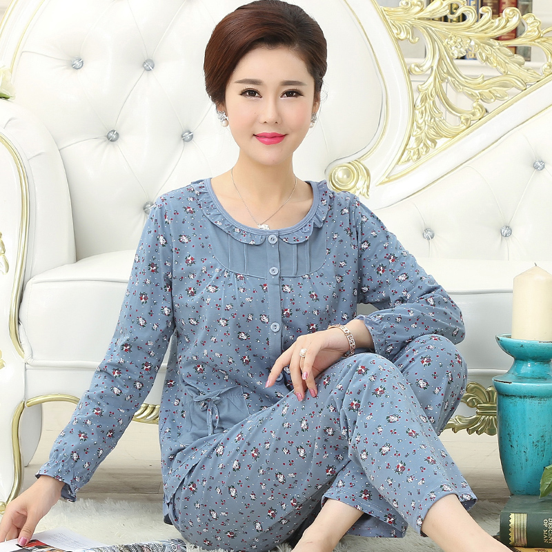 妈妈睡衣春秋长袖纯棉套装中老年人秋冬薄款宽松大码开衫女家居服