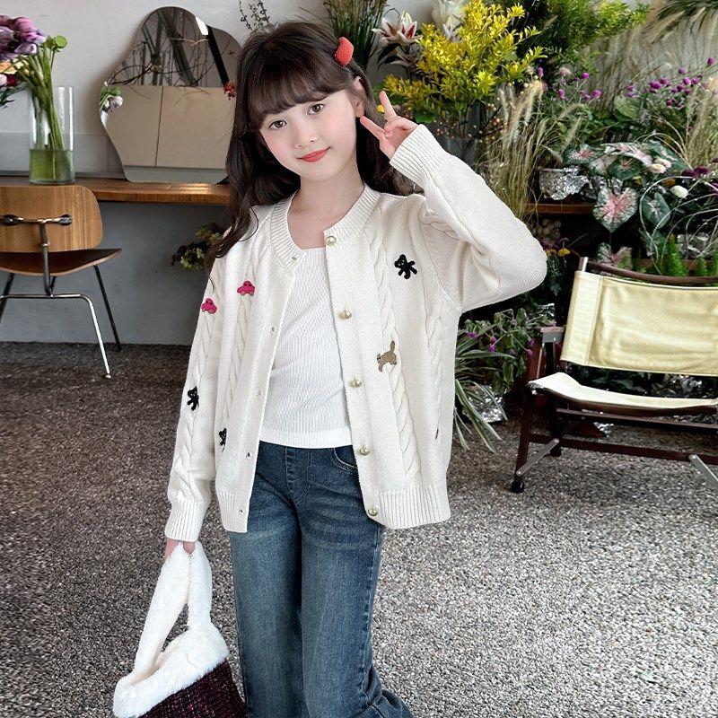 女童毛衣针织开衫加厚外套2024新款秋季儿童洋气上衣女孩外搭秋冬