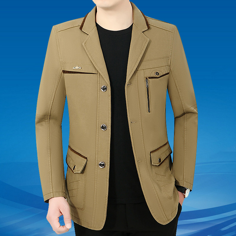 新款中年夹克男春秋款爸爸装休闲薄款纯棉外套中老年人爷爷西装领