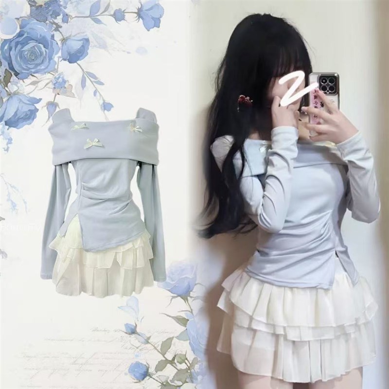 绝绝子新款女装春夏季俏皮套装一字肩上衣杏色半身短裙两件套装裙