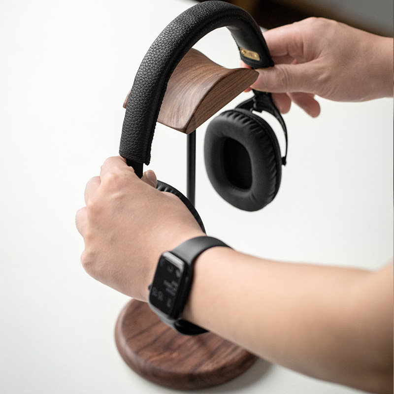 实木头戴式耳机支架电脑桌面显示器耳机挂架桌边胡桃木耳机架托