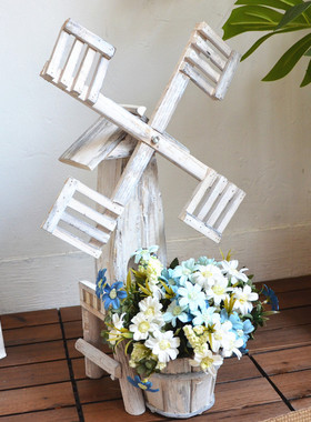 实木复古水井旋转风车创意花盆户外花园橱窗道具幼儿园装饰摆件