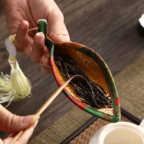 竹制品手工竹编茶则中式竹编锦缎赏茶荷复古醒茶簸箕茶铲茶道零配