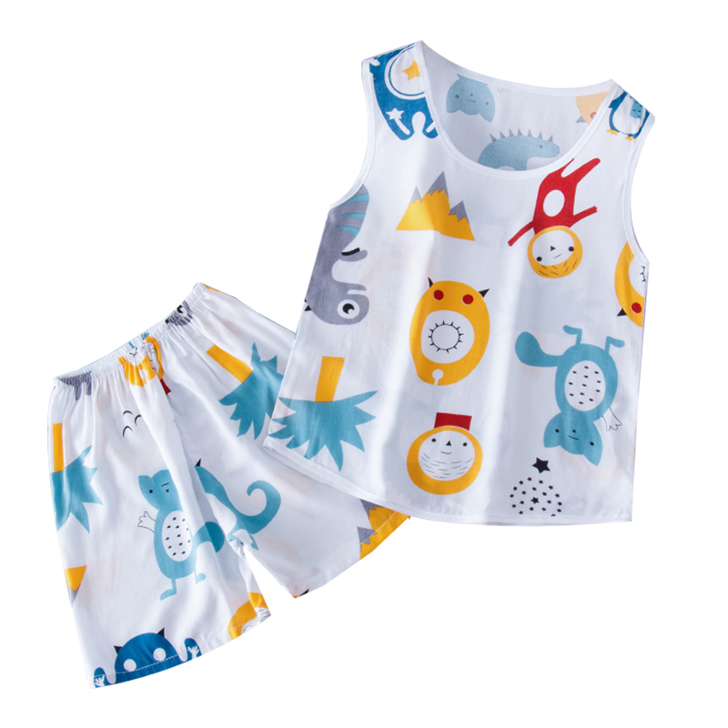 棉绸睡衣儿童夏季薄款背心套装绵绸小孩男童家居服无袖宝宝空调服