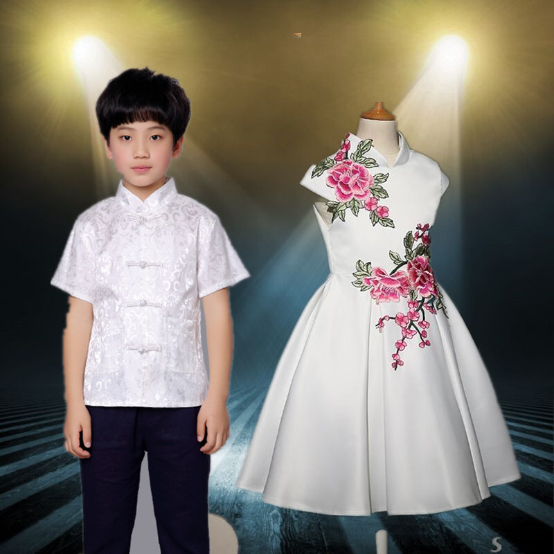儿童旗袍唐装女童古筝演出服民族舞蹈中国风男童套装大合唱表演服