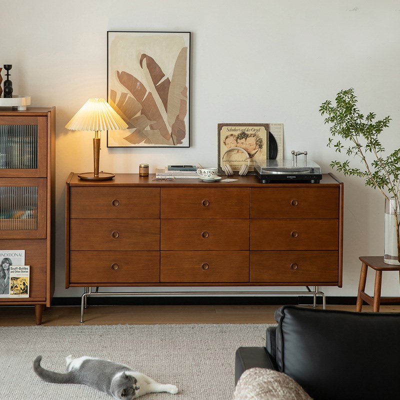 北欧实木九斗柜复古储物边柜客厅卧室床尾小户型收纳抽屉置物柜子