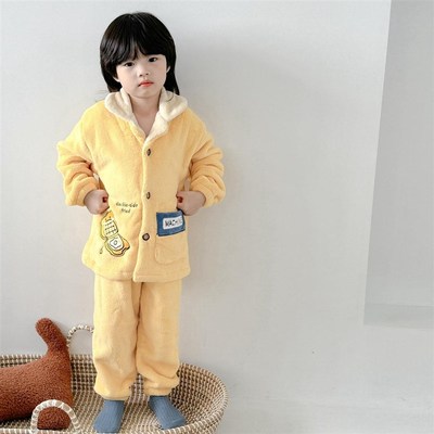 高品质A类男童法兰绒恐龙睡衣女童秋冬加厚保暖珊瑚绒家居服套装