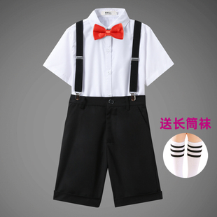 纯白短袖短裤领结演出服服装男童礼服小学生背带幼儿园白衬衫黑裤