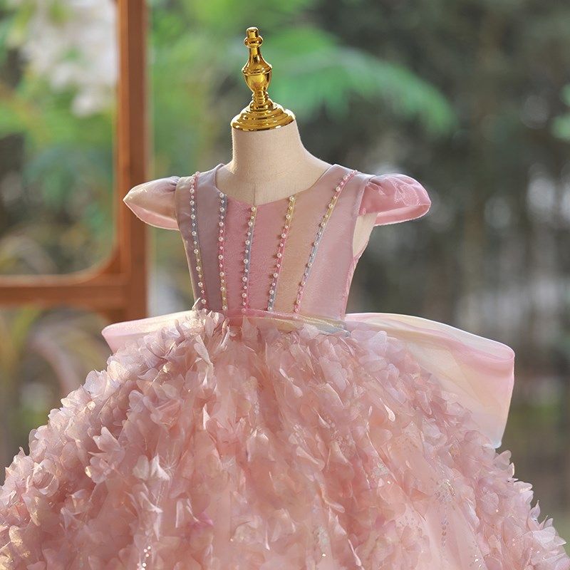 儿童主持人礼服女童公主裙粉色仙气花童裙小女孩生日宴钢琴演出服